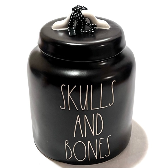 Rae Dunn SKULLS AND BONES Ceramic Halloween Cookie Jar Canister Black/White - Picture 1 of 13